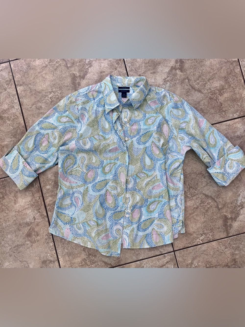 Westbound 3/4 sleeve paisley fitted button down shirt - size 16 - 100% cotton